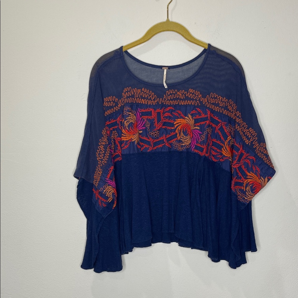 Free People Embroidered Navy Blue Women's Top